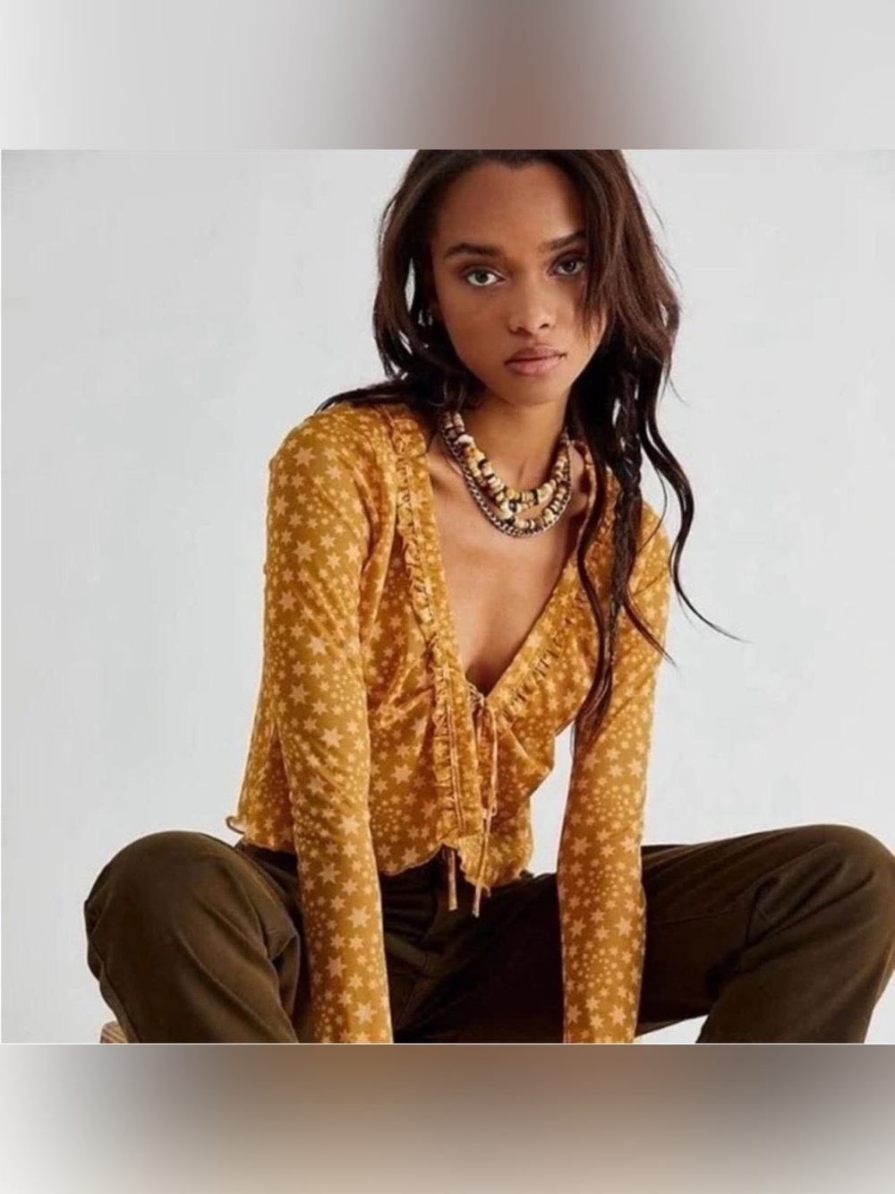 Free People Marne Crop Top Mesh Sheer Yellow Mustard Stars Tie Front Wrap Boho